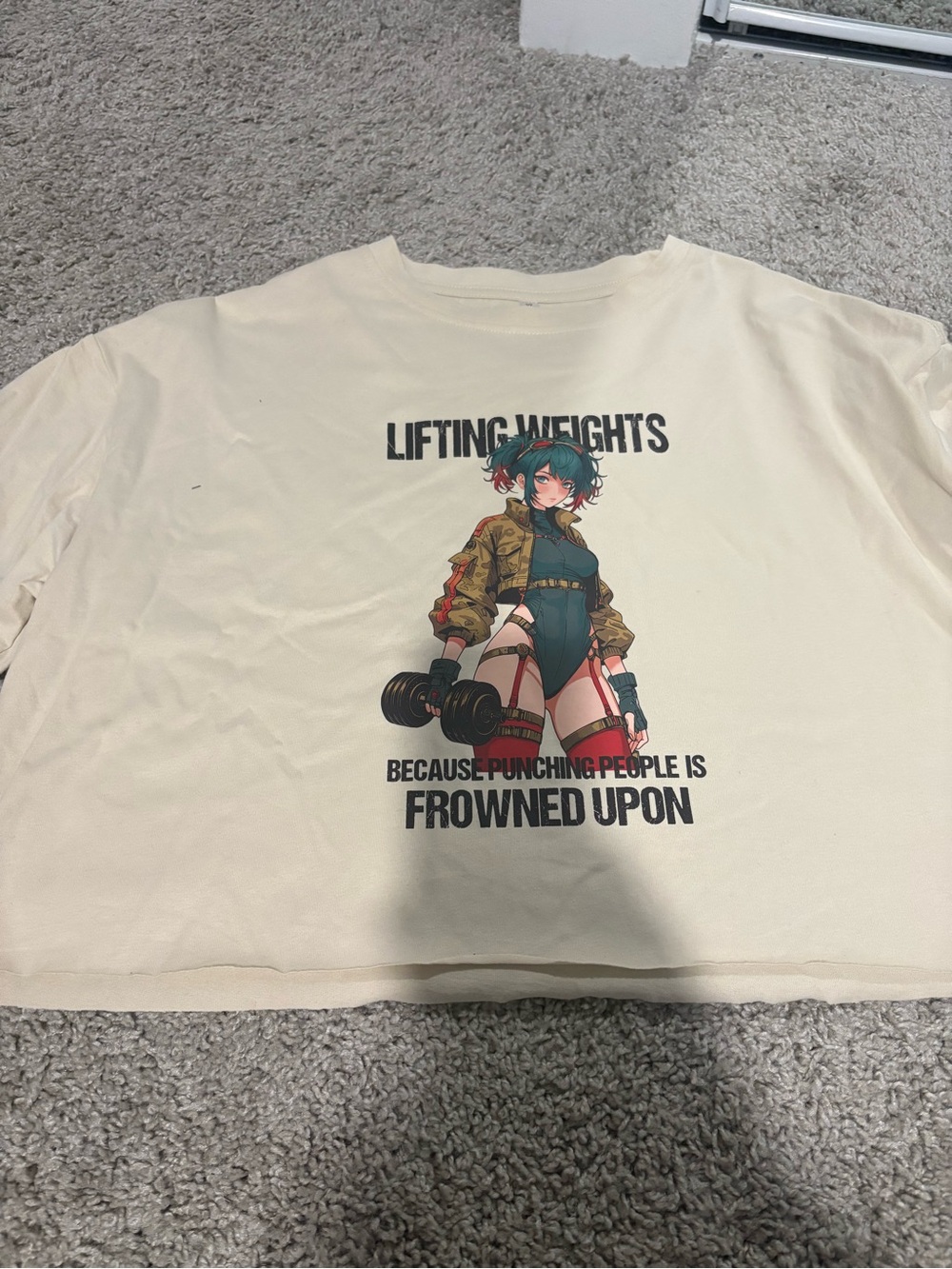 Graphic Cream Crop Tee with Anime Weightlifter Print